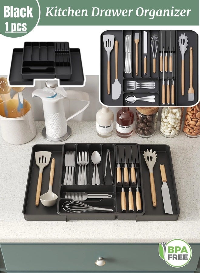 منظم أدراج المطبخ، صينية أدوات قابلة للتمدد من البولي بروبيلين، مقسم تخزين أدوات ملعقة المطبخ، حامل أدوات المائدة الفضية وصينية أدوات المائدة للخزانة للمطبخ والمنزل (أسود، 37 × 33.3 × 5 سم) - Image 1