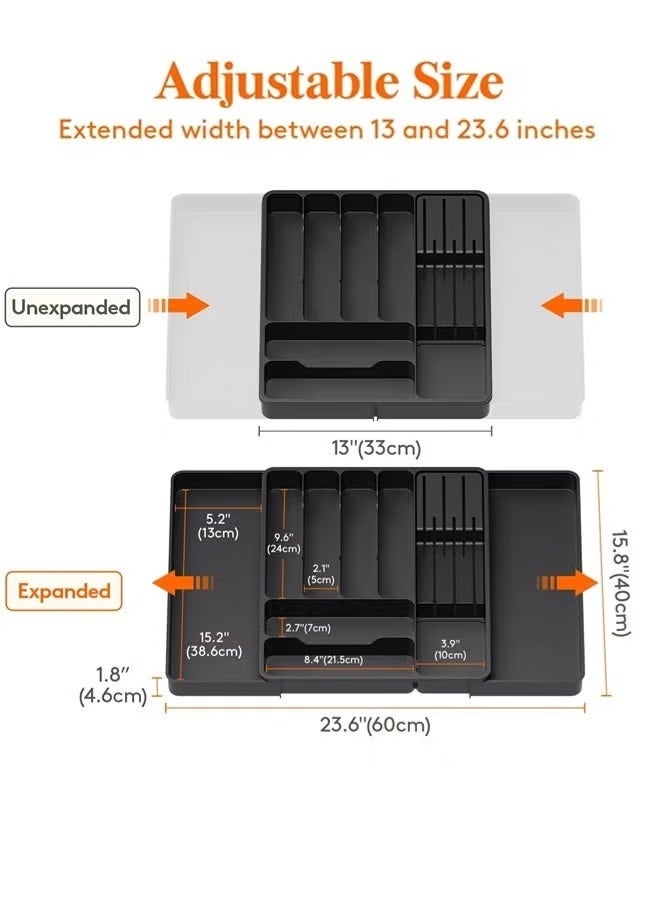 منظم أدراج المطبخ، صينية أدوات قابلة للتمدد من البولي بروبيلين، مقسم تخزين أدوات ملعقة المطبخ، حامل أدوات المائدة الفضية وصينية أدوات المائدة للخزانة للمطبخ والمنزل (أسود، 37 × 33.3 × 5 سم) - Image 2