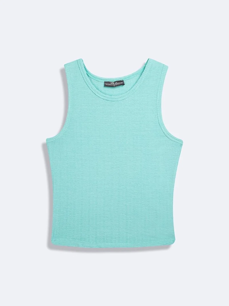 Sleeveless Crew Neck Basic Blue Tank Top