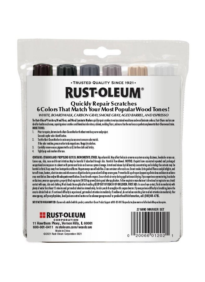 RUST-OLEUM Rust-Oleum Furniture, Wood Floor and Wood Laminate Repair Markers, 6 Count, White, Boardwalk, Aged Barrel, Carbon Gray, Smoke Gray and Espresso, Cool Tones, 376990 