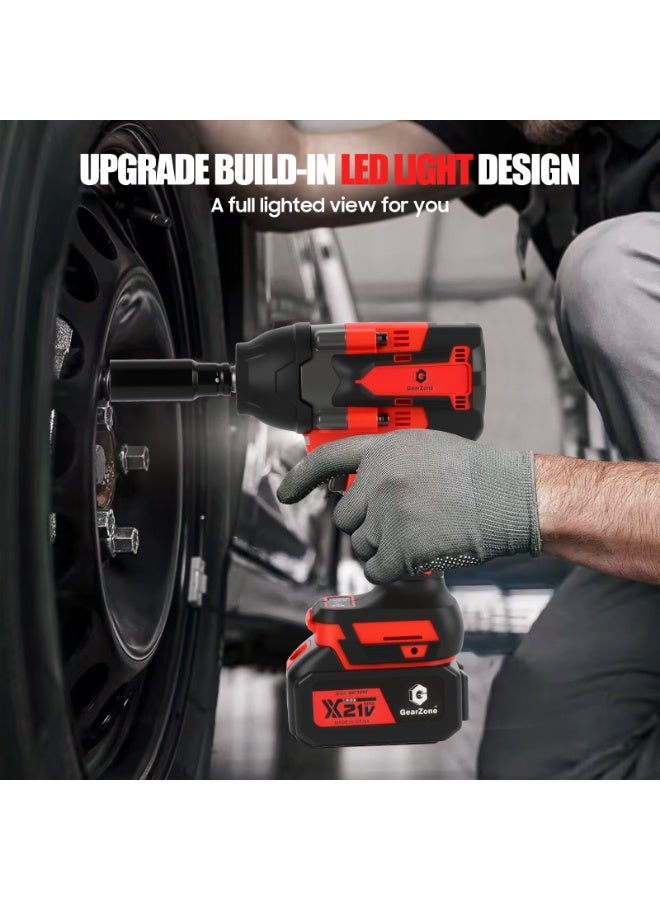 جيرزون مفتاح ربط لاسلكي GearZone مقاس 1/2 بوصة، مسدس صدمات بدون فرش بقوة 1000 نيوتن متر، مزود ببطاريتين 21 فولت، طقم مفك صدمات كهربائي عالي العزم بسرعة 2800 دورة في الدقيقة للسيارة والمنزل - أحمر - Image 3