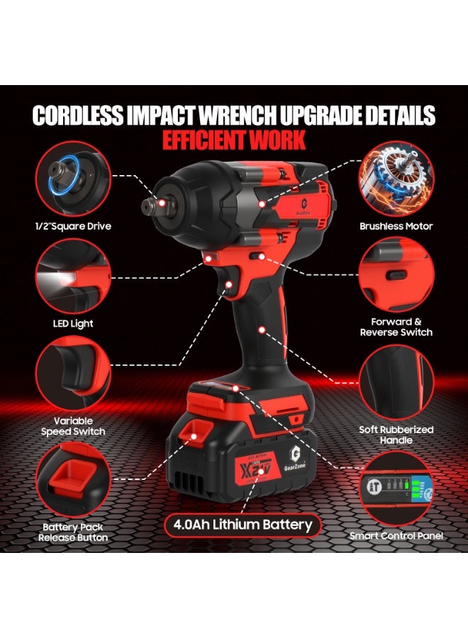 جيرزون مفتاح ربط لاسلكي GearZone مقاس 1/2 بوصة، مسدس صدمات بدون فرش بقوة 1000 نيوتن متر، مزود ببطاريتين 21 فولت، طقم مفك صدمات كهربائي عالي العزم بسرعة 2800 دورة في الدقيقة للسيارة والمنزل - أحمر - Image 2