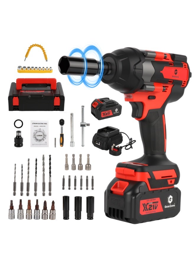 جيرزون مفتاح ربط لاسلكي GearZone مقاس 1/2 بوصة، مسدس صدمات بدون فرش بقوة 1000 نيوتن متر، مزود ببطاريتين 21 فولت، طقم مفك صدمات كهربائي عالي العزم بسرعة 2800 دورة في الدقيقة للسيارة والمنزل - أحمر - Image 1