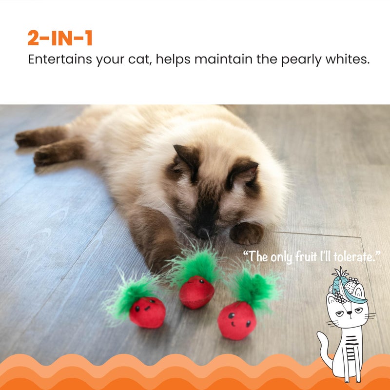 Catstages Strawbabies 3-Pack Catnip Cat Toys for Dental Health, Feather & Crinkle Teething Toys for Kittens and Indoor Cats, Interactive Play, Pink - Image 2