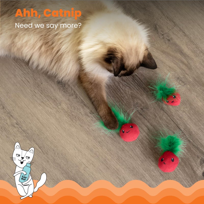 Catstages Strawbabies 3-Pack Catnip Cat Toys for Dental Health, Feather & Crinkle Teething Toys for Kittens and Indoor Cats, Interactive Play, Pink - Image 3