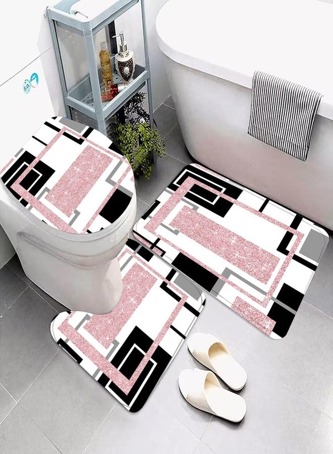 Yddsky 4 Pcs Pink Geometric Shower Curtain Sets Non-Slip Bath Rugs, Toilet Cover, U-Shaped Mat, Pink Geometric Modern Bathroom Decor with 12 Hooks, General size - Image 5