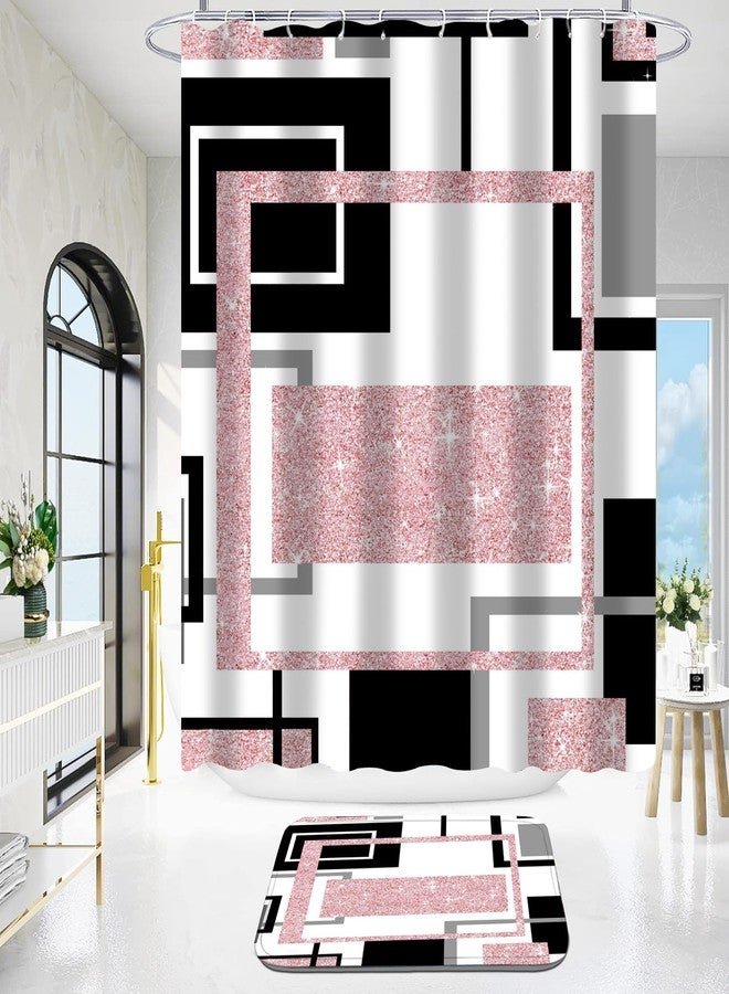 Yddsky 4 Pcs Pink Geometric Shower Curtain Sets Non-Slip Bath Rugs, Toilet Cover, U-Shaped Mat, Pink Geometric Modern Bathroom Decor with 12 Hooks, General size - Image 3