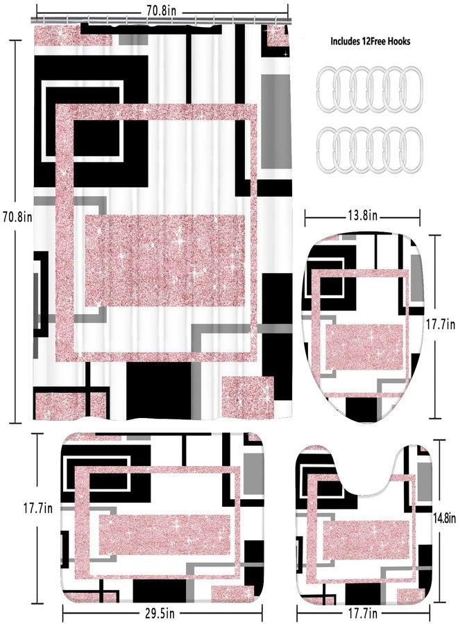 Yddsky 4 Pcs Pink Geometric Shower Curtain Sets Non-Slip Bath Rugs, Toilet Cover, U-Shaped Mat, Pink Geometric Modern Bathroom Decor with 12 Hooks, General size - Image 4