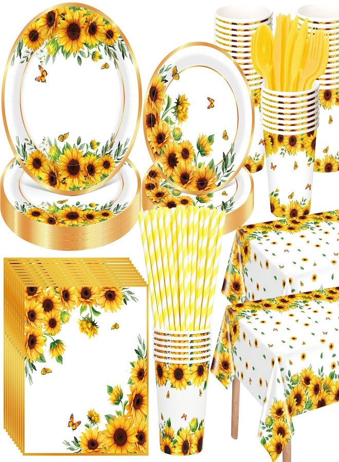 Potchen 452 Pcs Themes Party Supplies Decorations for 50 Guests, Paper Plates Napkins Cups Tablecloth Cutlery Straws for Birthday Baby Shower Party Decorations(Yellow,Sunflower) - Image 1