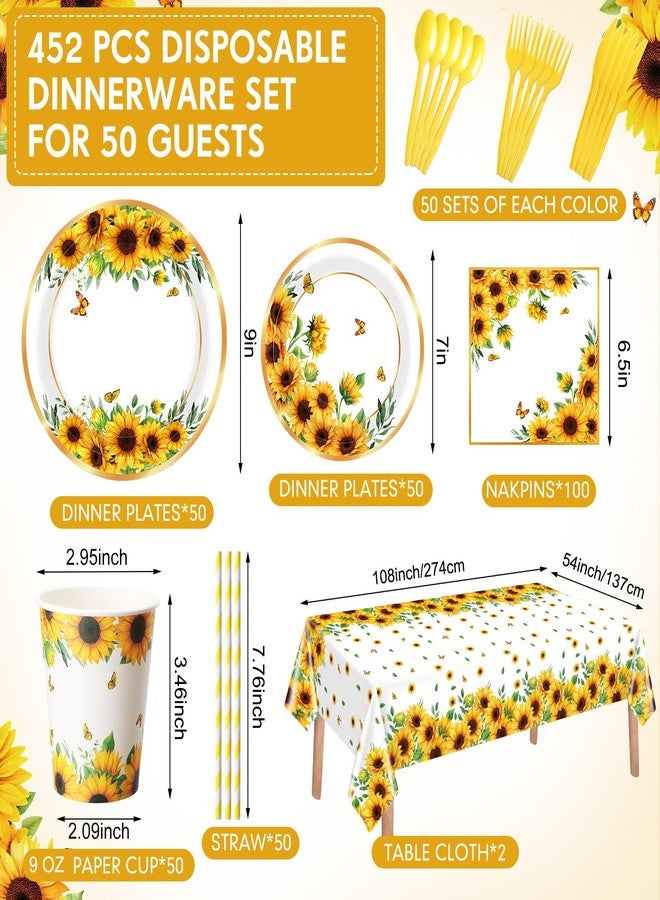 Potchen 452 Pcs Themes Party Supplies Decorations for 50 Guests, Paper Plates Napkins Cups Tablecloth Cutlery Straws for Birthday Baby Shower Party Decorations(Yellow,Sunflower) - Image 2