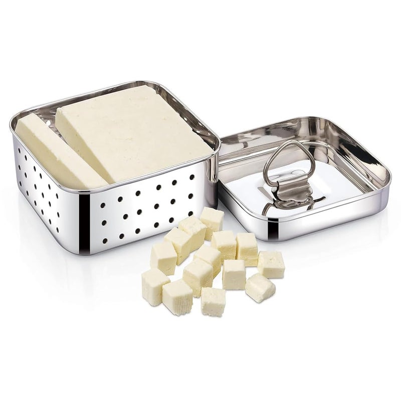 faas faas Stainless Steel 450ml Large Square PaneerTofuSprout Press Mould Maker Strainer Dimension 125x125x4 cm Silver  - Image 2