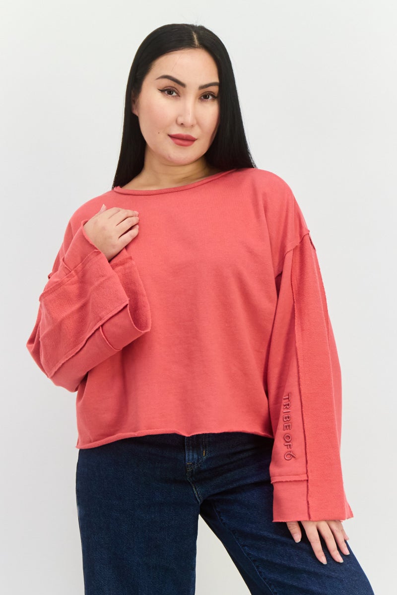 TRIBE OF 6 Women Round Neck Embroidered Logo Long Sleeve Sweatshirt, Red - Image 1