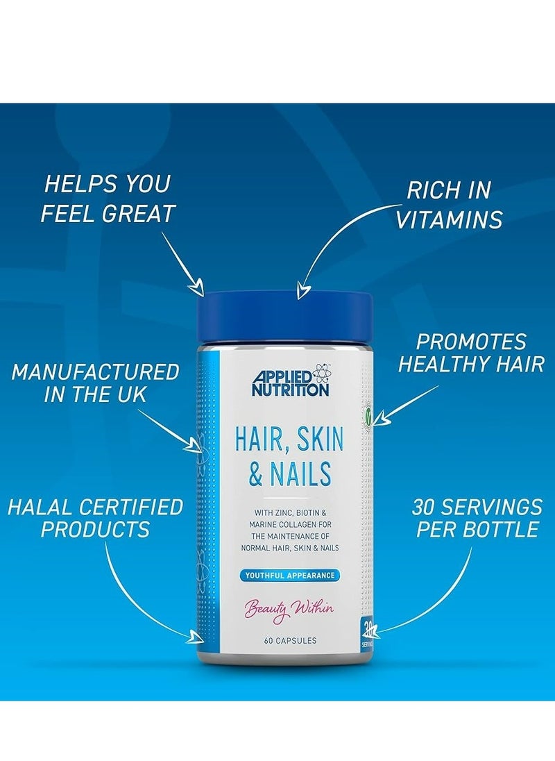 Applied Nutrition Hair, Skin, Nails - ZINC, Biotin & Marine Collagen  (60 Capsules - 30 Servings)  - Image 3