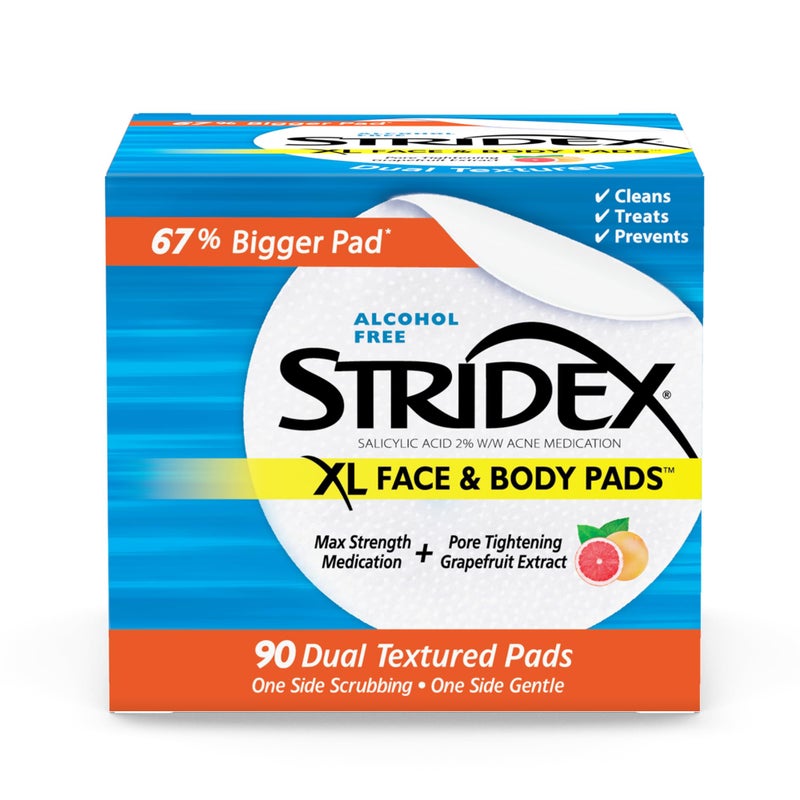 Stridex XL Face & Body Pads, 90 Count, Maximum Strength, Facial Cleansing Wipes, Alcohol-Free Face Pads, Acne Treatment for Face & Body, Dual Textured Pads, Smooth Application