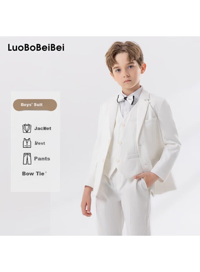 Luobobeibei Children's Small Suit, White Gentleman Suit, Boys' Birthday Flower Boy Performance Dress, White Four-piece Set, Size 140 - Image 1
