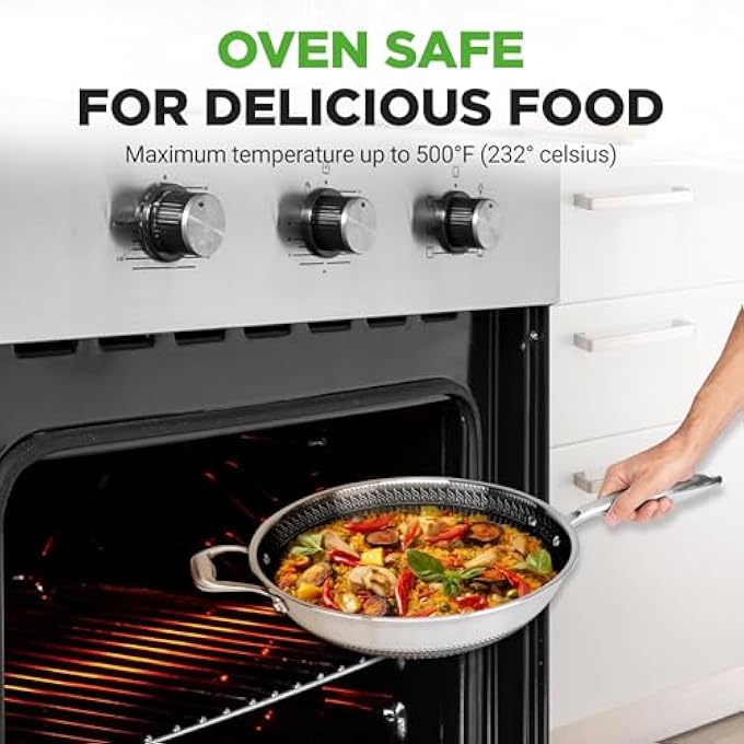 نيوتري شيف 12 مقلاة ووك متينة من الفولاذ المقاوم للصدأ مع مقبض جانبي وغطاء زجاجي ونقش داكين وطلاء غير لاصق ومقاوم للخدش ونمط نار قرص العسل المرتفع NCS3PWOK - Image 3