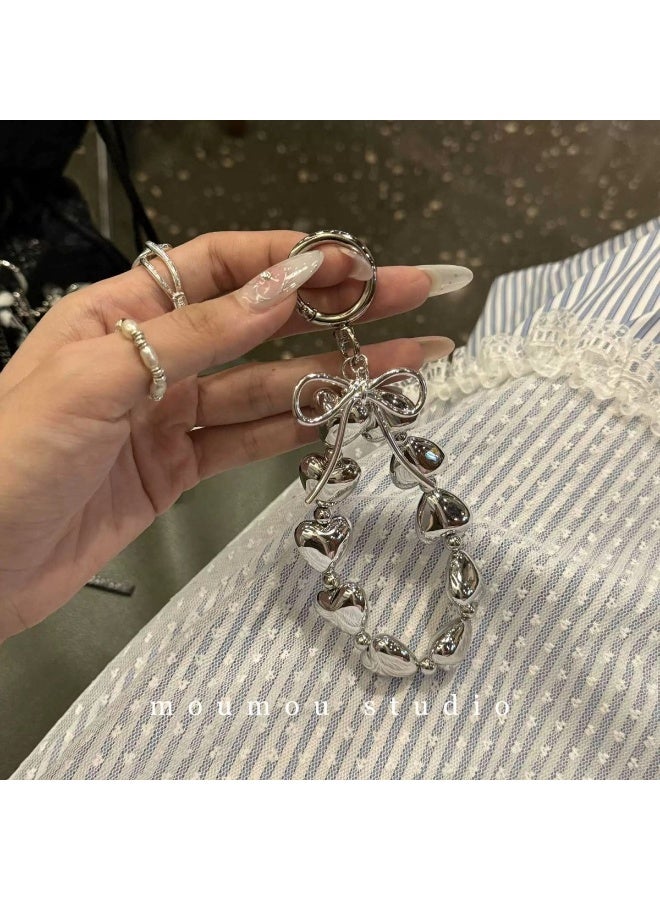 NIBEMINENT Beaded Phone Lanyard, Anti Lost Removable Wrist Strap,Bright Silver Heart-shaped Stringed Bow Bracelet Pendant, Phone Keychain Lanyard