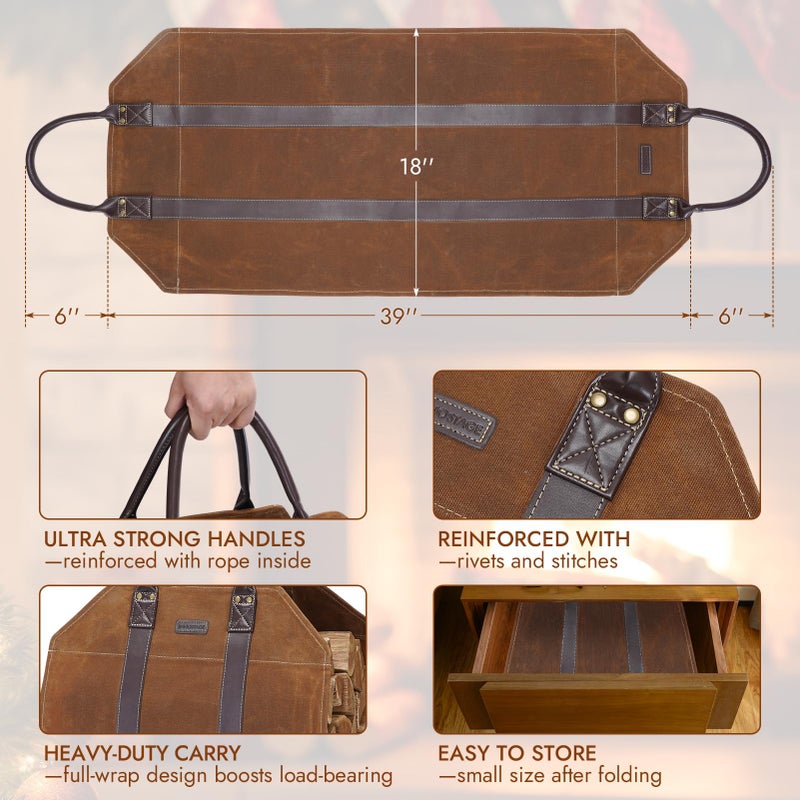 INNO STAGE Canvas Log Carrier Bag,Durable Wood Tote,Fireplace Stove Accessories,Extra Large Firewood Holder with Handles for Camping (Rust) - Image 3