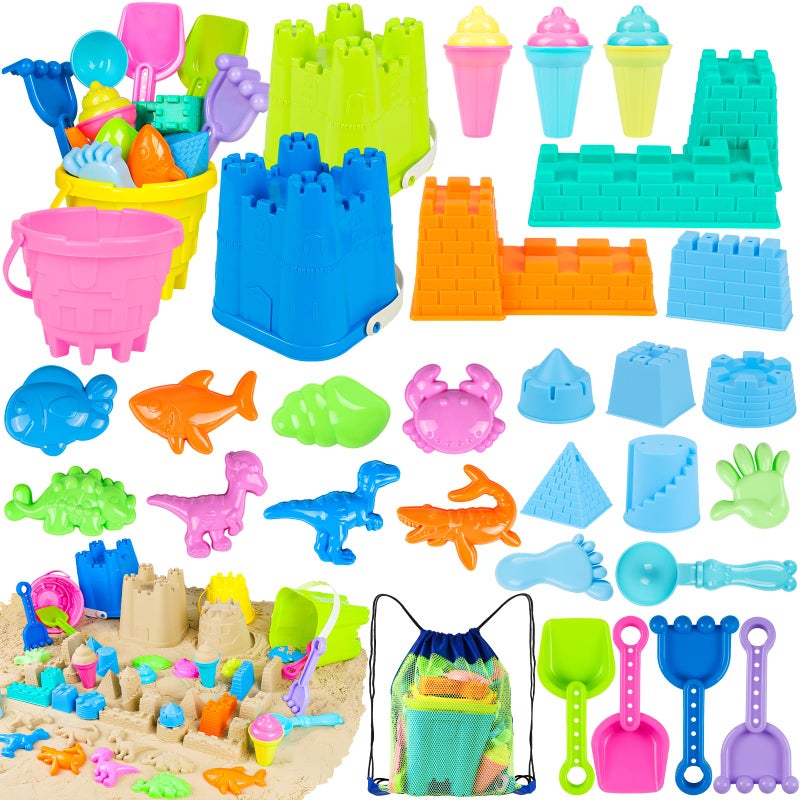 REZUCREY Beach Toys for Kids Toddlers Sand Castle Toys with 4 Sand Bucket and Shovels Mesh Bag Molds Ice Cream Travel Sandbox for Beach Sandbox for Toddlers Kids Baby Boys Girls Age 310 - Image 2
