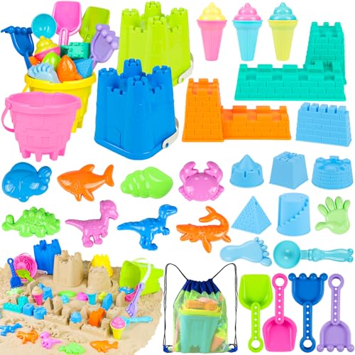 REZUCREY Beach Toys for Kids Toddlers Sand Castle Toys with 4 Sand Bucket and Shovels Mesh Bag Molds Ice Cream Travel Sandbox for Beach Sandbox for Toddlers Kids Baby Boys Girls Age 310 - Image 1