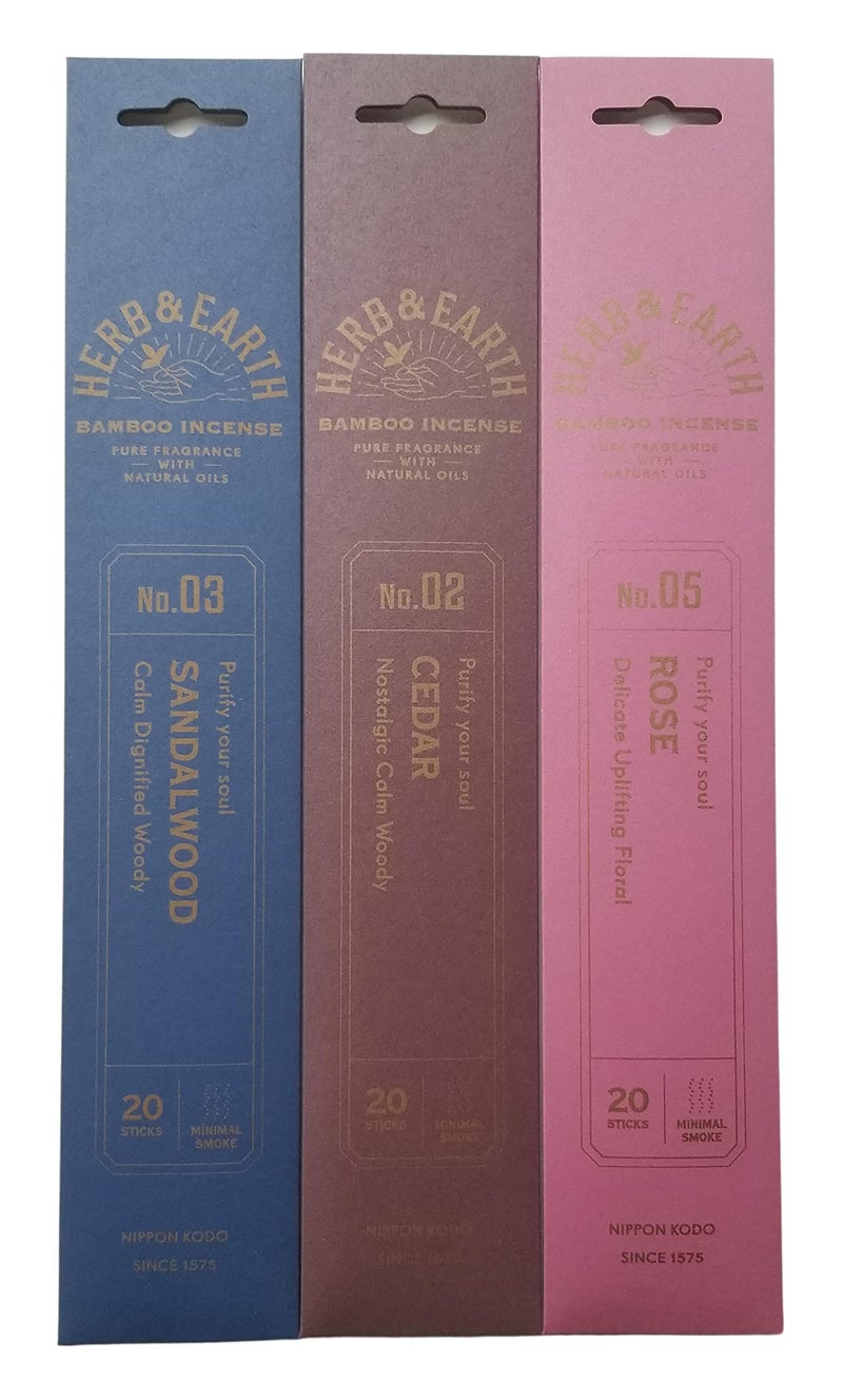 Nippon Kodo Herb  Earth Bamboo Incense Combo Set Cedar Rose Sandalwood 20 Sticks Each Scent