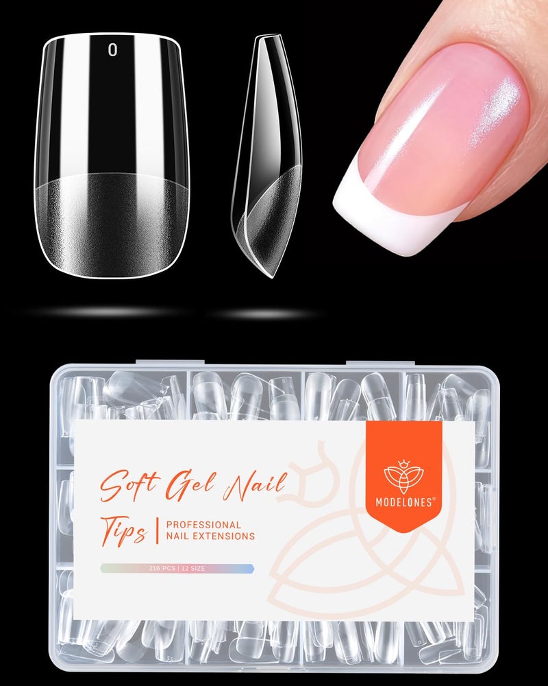 modelones Short Square Nail Tips, Pre-shaped Soft Gel Tips Fake Nails False Acrylic Clear Full Cover Press on Extension Gel Kit Manicure DIY at Home 216PCS 12Sizes - Image 1