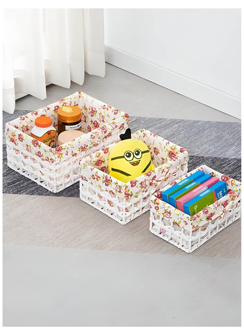 Cozy Nest - Set of 3 Eco-Friendly Handwoven Storage Baskets – Durable Rectangular Woven Bins with Sturdy Plastic Frame, Removable Fabric Lining, Decorative Macrame Design for Sundries, Toys, Books, Toiletries, and Elegant Home Organization - Image 1