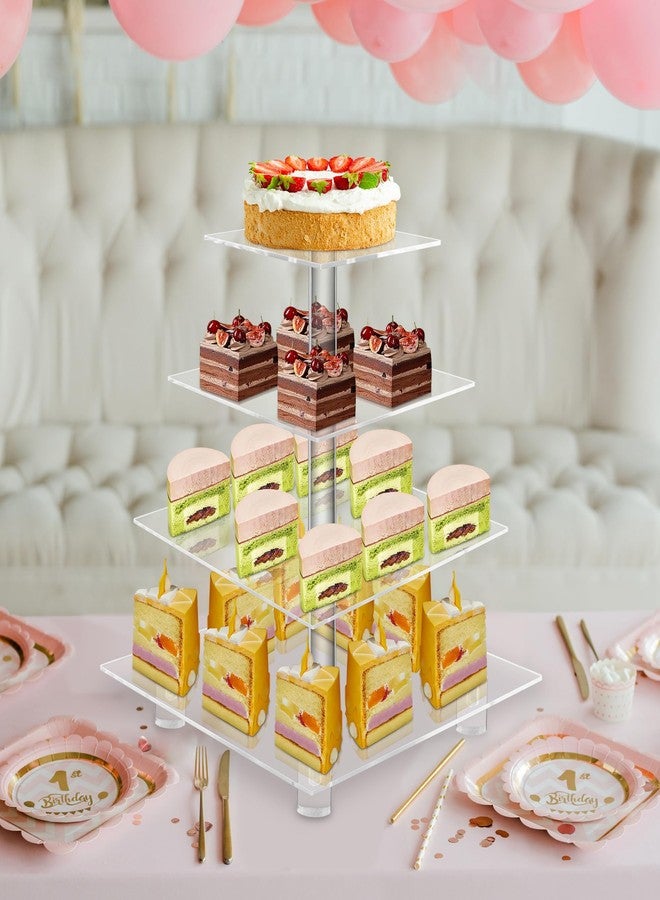 حامل كب كيك أكريليك، حامل عرض حلويات شفاف بقاعدة لحفلات الزفاف، والحفلات، وحفلات استقبال المولود، والتجمعات، مربع الشكل بأربعة طبقات، شفاف - Image 4