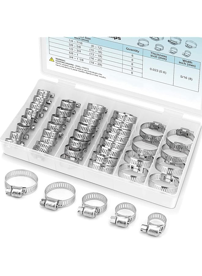 promass Hose Clamp Set - 1/4''–1-1/8'' 304 Stainless Steel Worm Gear Hose Clamps for Pipe, Intercooler, Plumbing, Tube and Fuel Line (40PCS) - Image 1