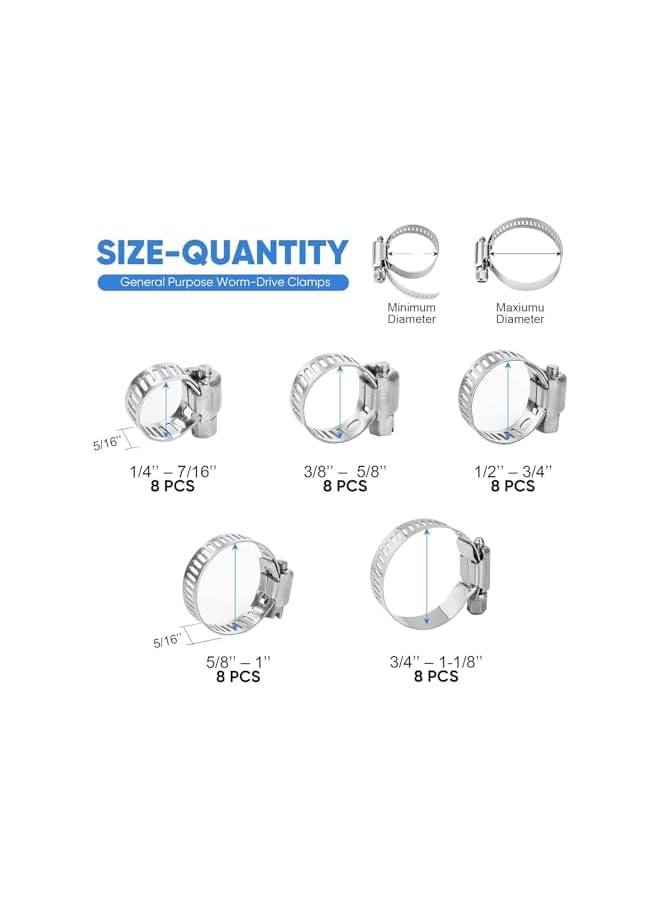 promass Hose Clamp Set - 1/4''–1-1/8'' 304 Stainless Steel Worm Gear Hose Clamps for Pipe, Intercooler, Plumbing, Tube and Fuel Line (40PCS) - Image 2
