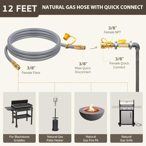 GASPRO 12 Feet 3/8" ID Natural Gas Hose, Low Pressure LPG Hose with Quick Connect, for Weber, Char-broil, Pizza Oven, Patio Heater and More - Image 2