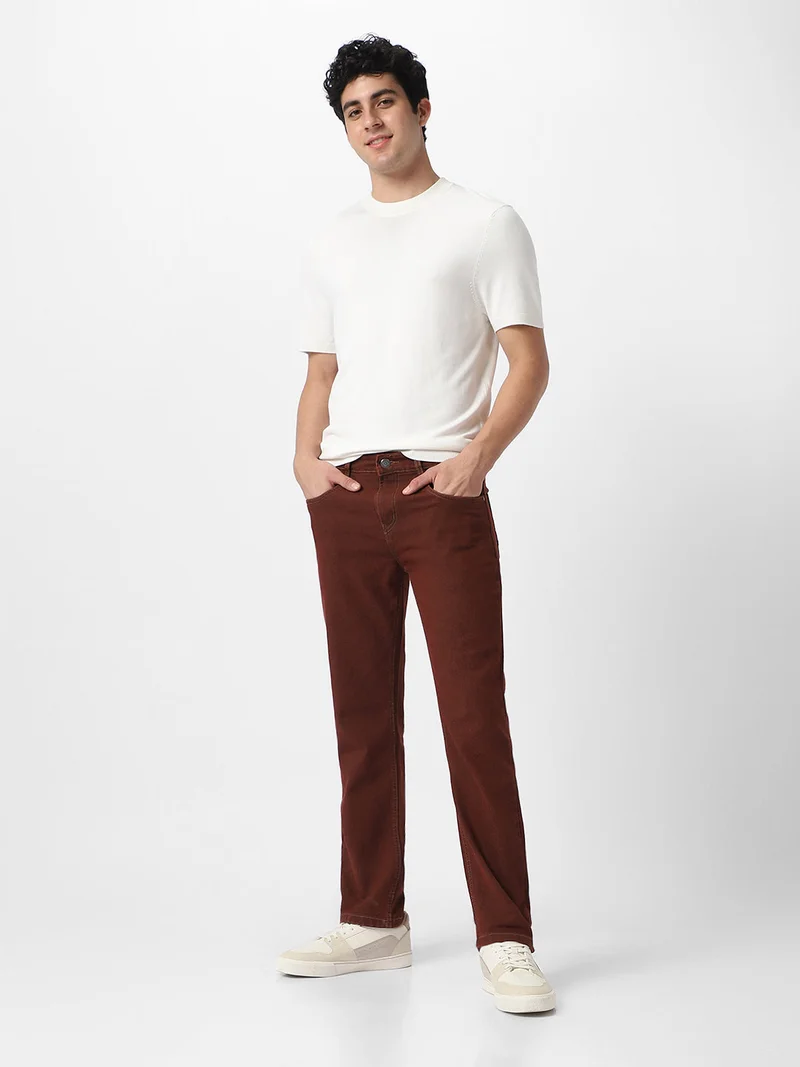 Urbano Fashion  Urbano Fashion Men's Brown Regular Fit Washed Jeans Stretchable  | Best Price UAE