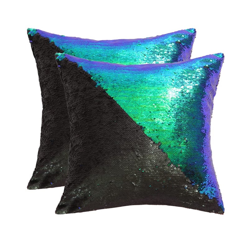 SquarePie Sequin Pillow Covers 18x18  Set of 2 Flip Sequin Decorative Pillowcases Magic Reversible Throw Cushion Covers Cases Black and Fantasic Green
