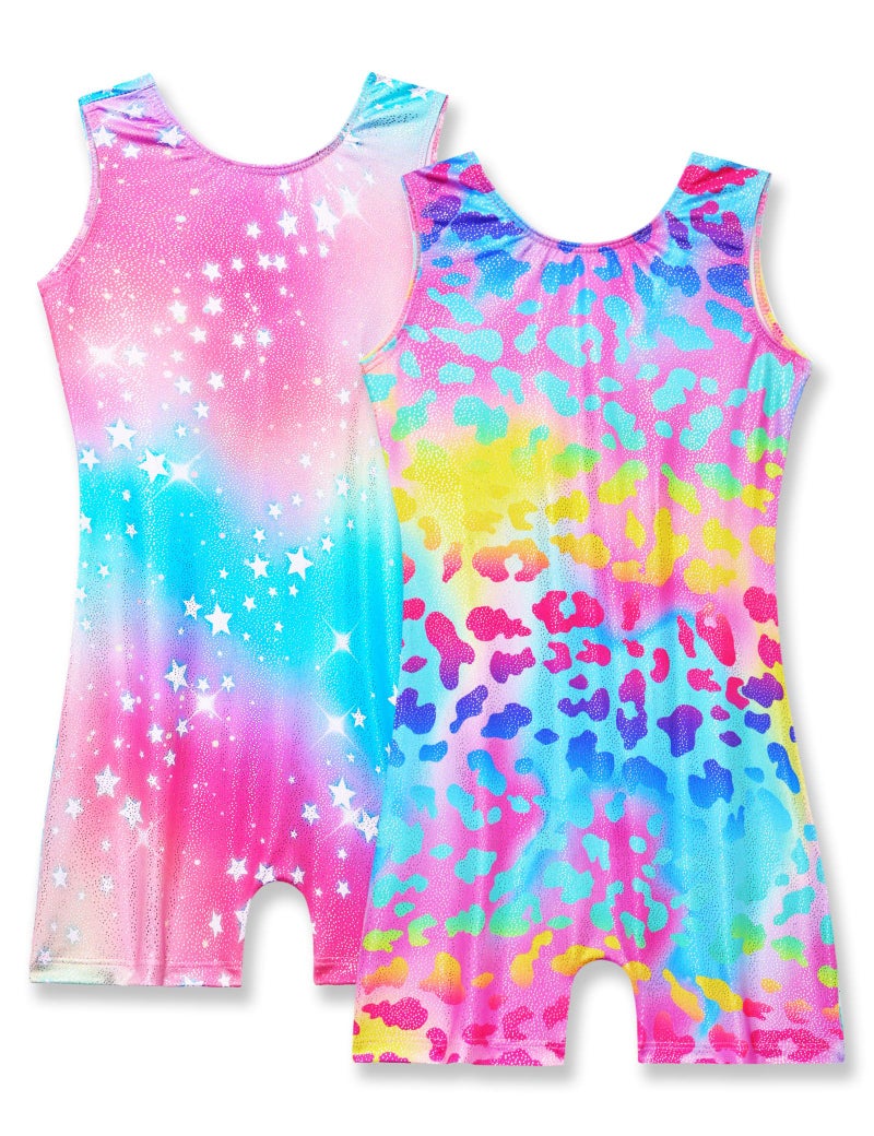 Nymphperi Leotard for Girls Gymnastics Size 12t Colorful Leopard Biketard Blue Stars Stretchy Unitard 2 Pack