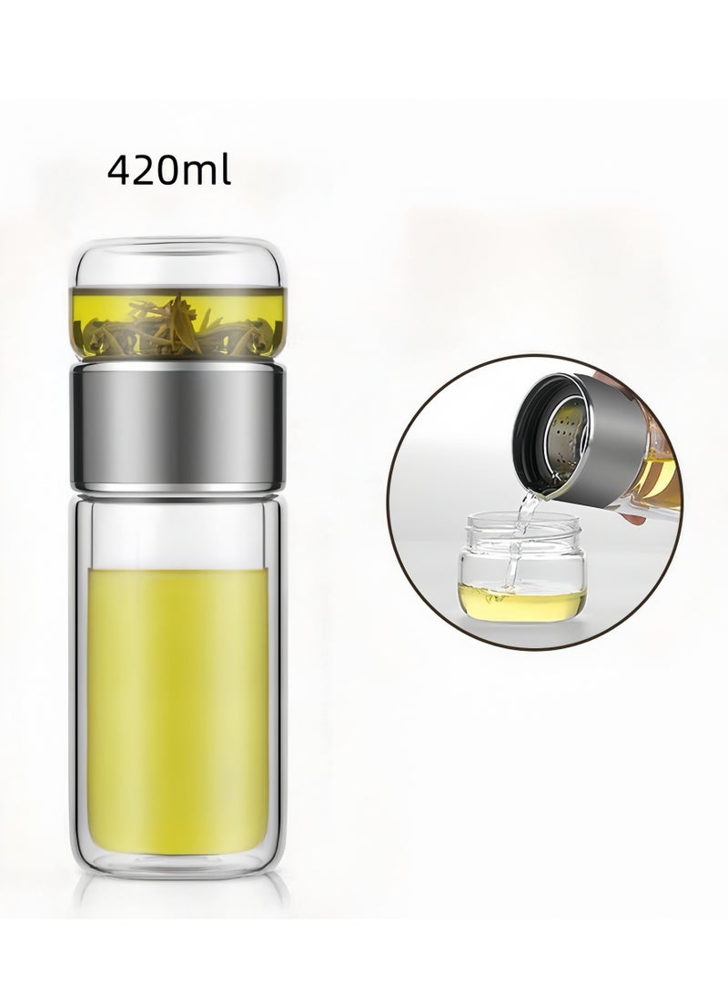 420ml Tea Infuser Bottle, Double Layer Stainless Steel Leakage Proof Glass Water Bottle Travel Water Separation Tea Bottle Mug Cup For Office Travel Home,Silver  - Image 1