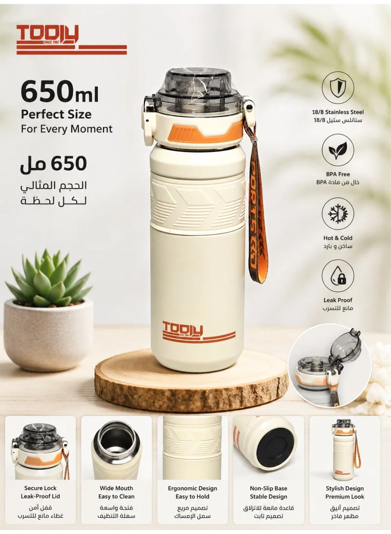 Tooly 650ml Stainless Steel Vacuum Insulated Sports Water Bottle Flask with Flip Lid, Straw & Strap – Double Wall Hot & Cold Travel Tumbler, 18/8 Stainless Steel, BPA Free, Leak-Proof, Non-Slip Base (Cream & Orange)