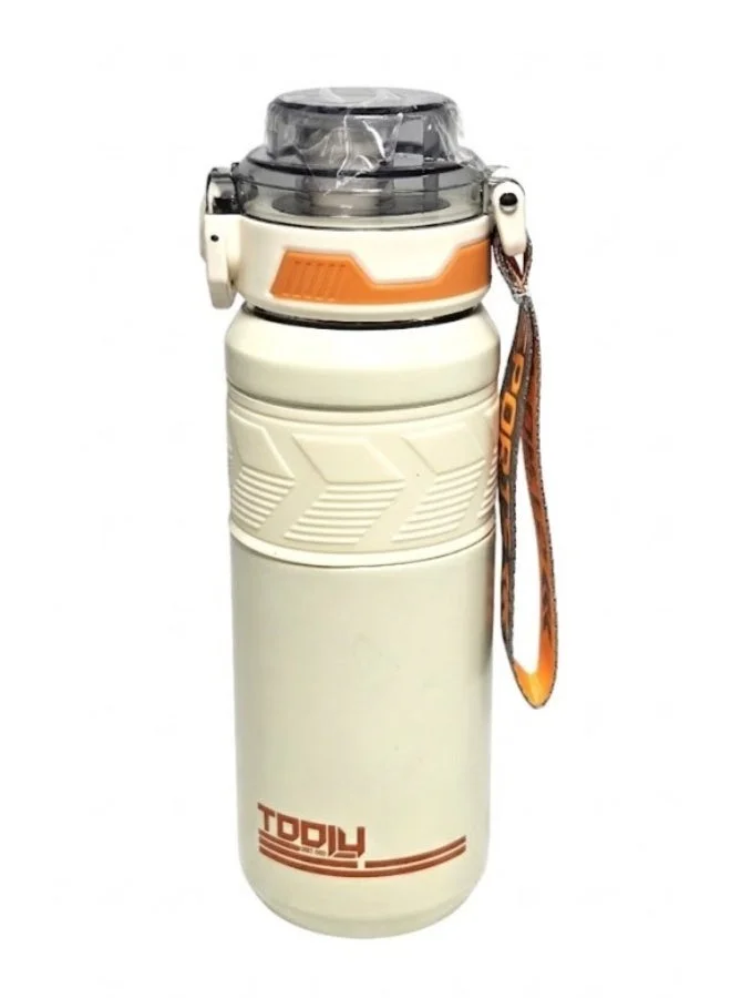 Tooly 650ml Stainless Steel Vacuum Insulated Sports Water Bottle Flask with Flip Lid, Straw & Strap – Double Wall Hot & Cold Travel Tumbler, 18/8 Stainless Steel, BPA Free, Leak-Proof, Non-Slip Base (Cream & Orange)