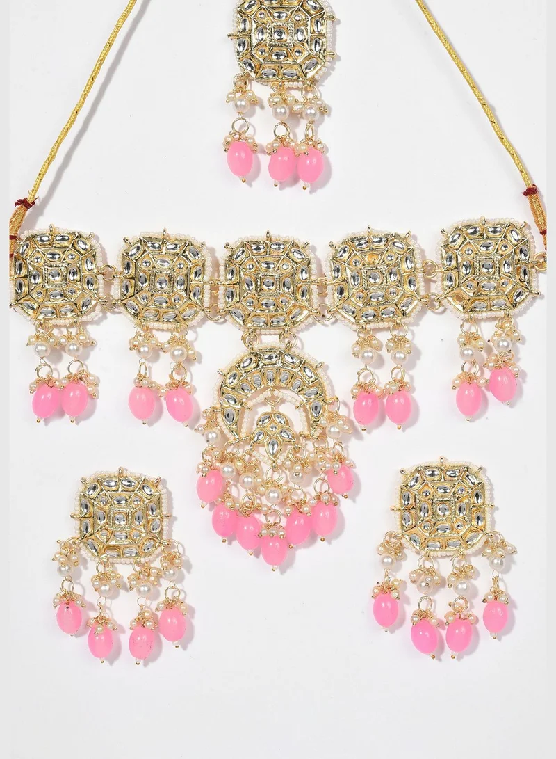 SOHI Gold Plated Kundan & Beads Necklace, Earrings and Maang Tikka Set