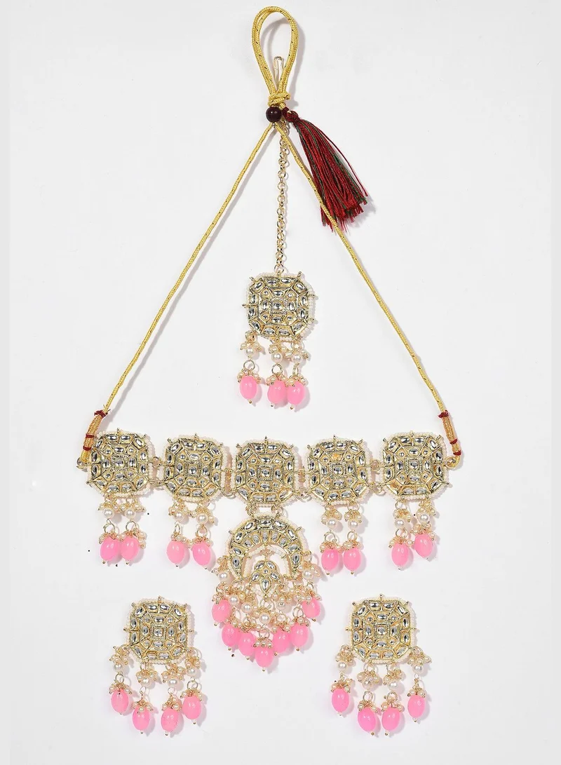 SOHI Gold Plated Kundan & Beads Necklace, Earrings and Maang Tikka Set