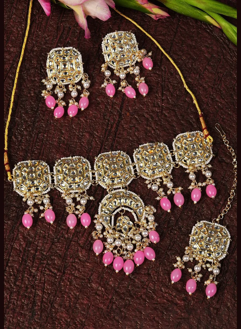 SOHI Gold Plated Kundan & Beads Necklace, Earrings and Maang Tikka Set