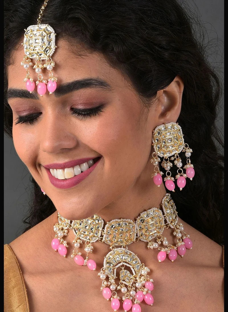 SOHI Gold Plated Kundan & Beads Necklace, Earrings and Maang Tikka Set