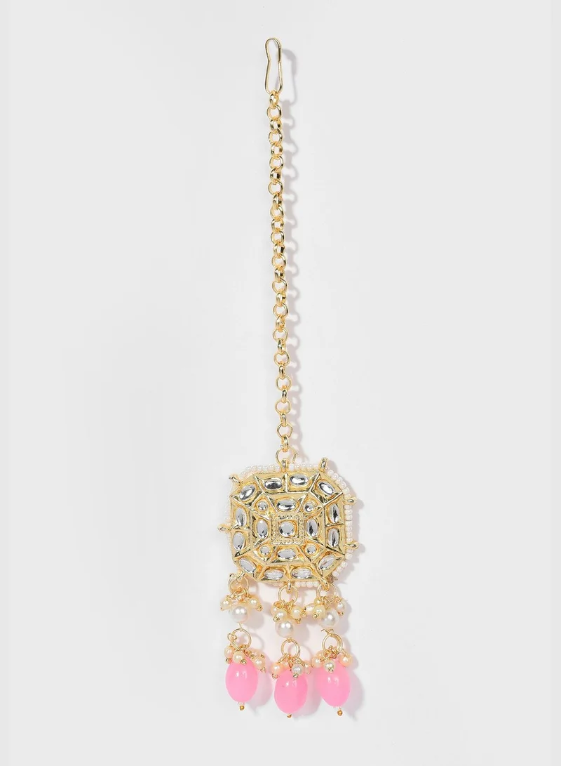 SOHI Gold Plated Kundan & Beads Necklace, Earrings and Maang Tikka Set