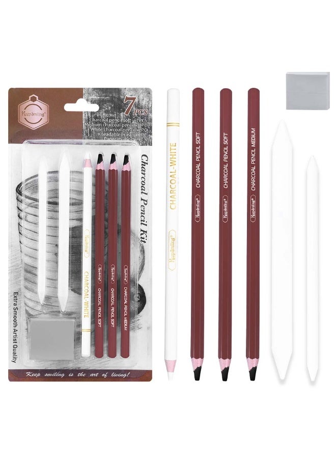 Keep Smiling 7-Piece Charcoal Pencil Art Kit with Eraser & Blending Stumps – Extra Smooth Artist Quality - Image 1
