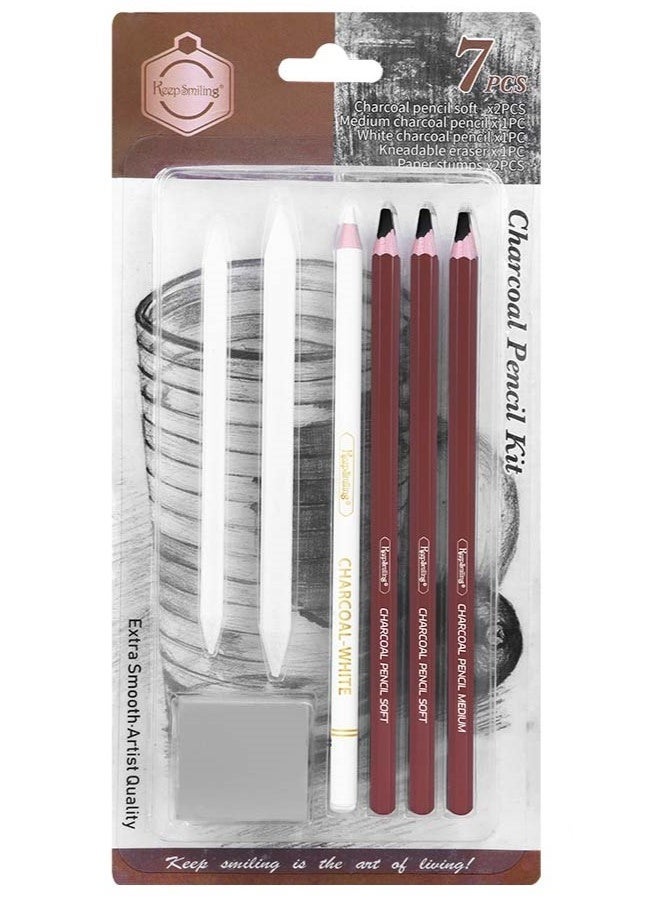 Keep Smiling 7-Piece Charcoal Pencil Art Kit with Eraser & Blending Stumps – Extra Smooth Artist Quality - Image 2