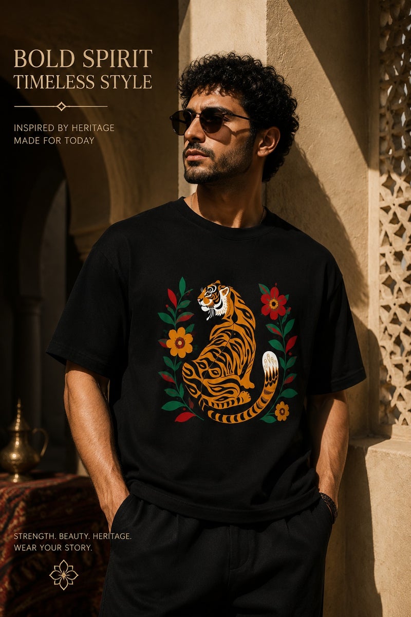 Men's Black Tiger Graphic T-Shirt Oversized Casual Short Sleeve Crew Neck Streetwear Tee - Image 1