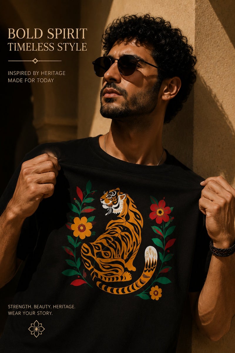 Men's Black Tiger Graphic T-Shirt Oversized Casual Short Sleeve Crew Neck Streetwear Tee - Image 5