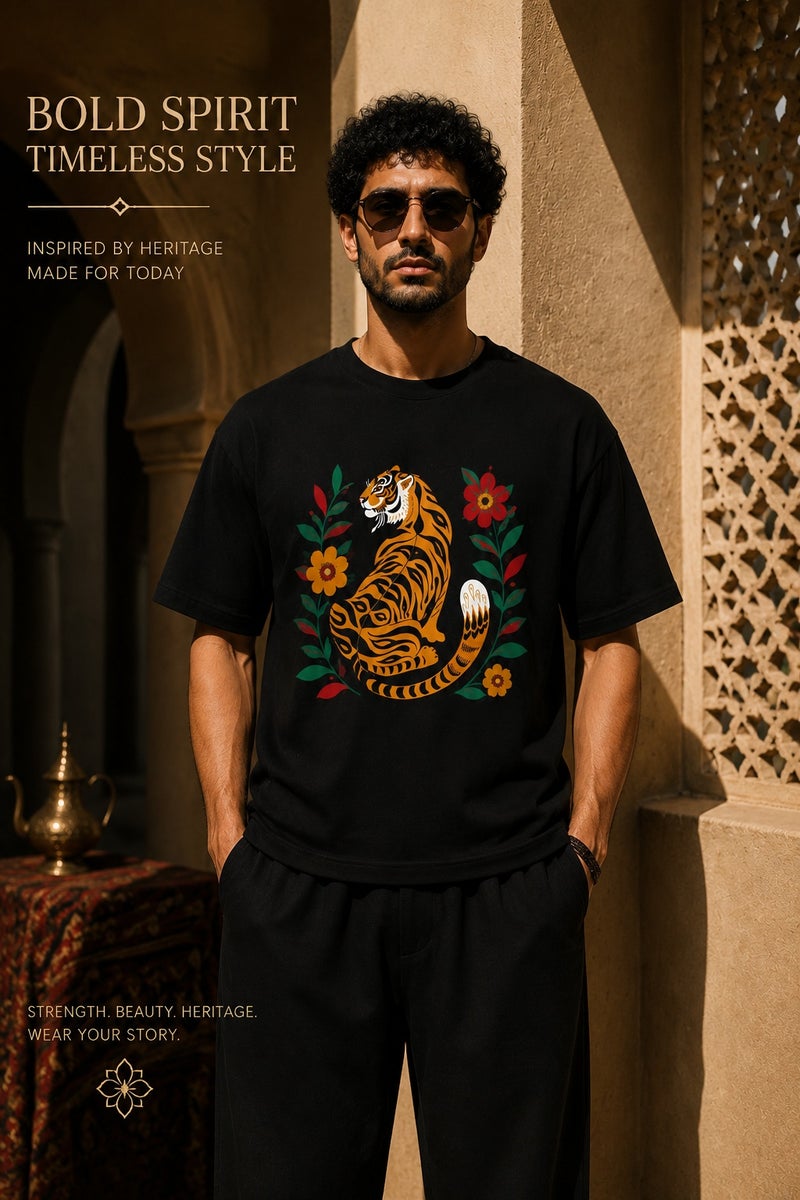 Men's Black Tiger Graphic T-Shirt Oversized Casual Short Sleeve Crew Neck Streetwear Tee - Image 2
