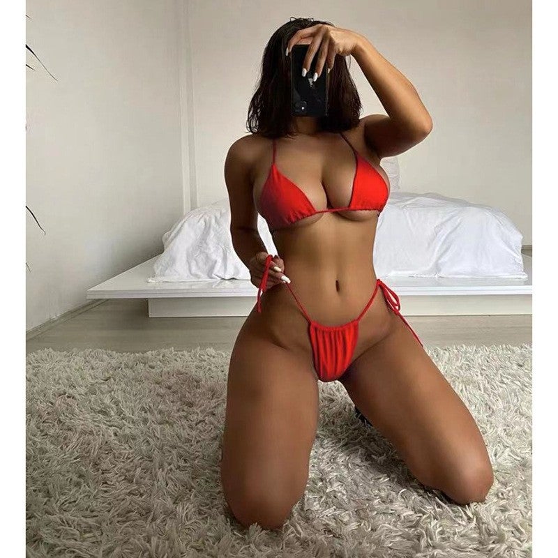 2025 and Sexy Triangle Bikini New Pure Color Strappy Swimsuit Backless Swimsuit - Image 5