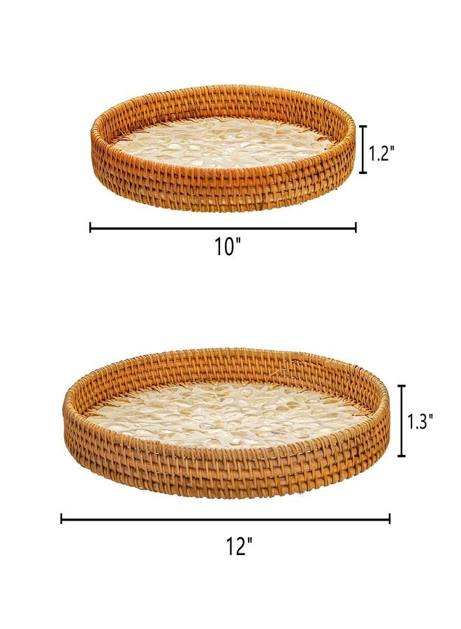 Frcctre 2 Pack Round Rattan Tray with Mother of Pearl Inlay, Rattan Serving Tray with Wooden Base, Decorative Wicker Basket for Bread Fruit Food Coffee Breakfast, Storage and Display, 2 Sizes - Image 2