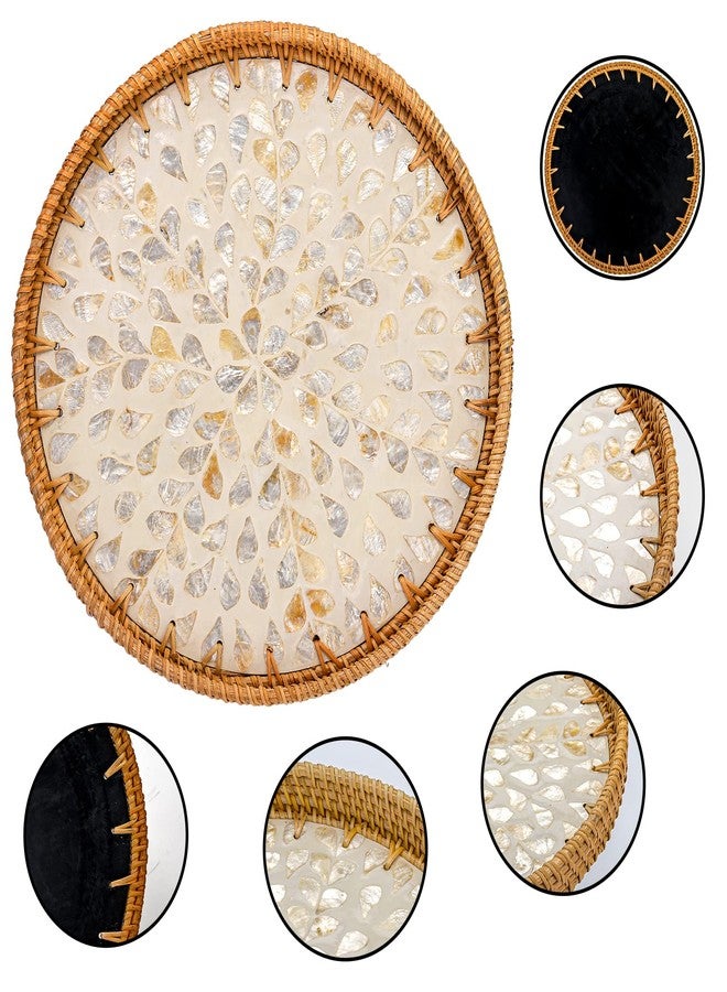 Frcctre 2 Pack Round Rattan Tray with Mother of Pearl Inlay, Rattan Serving Tray with Wooden Base, Decorative Wicker Basket for Bread Fruit Food Coffee Breakfast, Storage and Display, 2 Sizes - Image 3